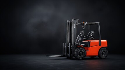 A forklift truck, orange and black, against a dark background.