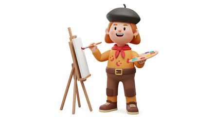 Happy Artist Painting on Easel 3D Render Cute Character Creative Hobby Art Supplies