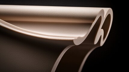 Close-up of a decorative architectural molding.  Beige, sculpted, flowing curves.  Intricate detail