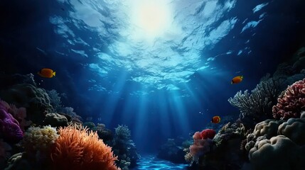 Fototapeta premium Deep blue ocean with coral reefs, vibrant marine life