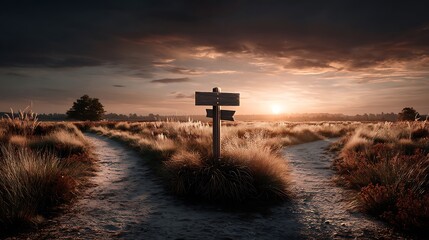 Decision concept at a forked road signpost mockup empty path landscape cinematic scenery photography