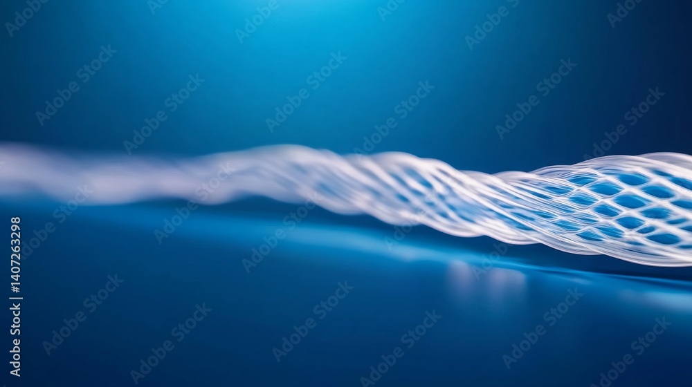 Poster Dynamic wave pattern composed of soft blue and white points and lines undulates beautifully against a dark gradient backdrop, featuring ample copy space on the left