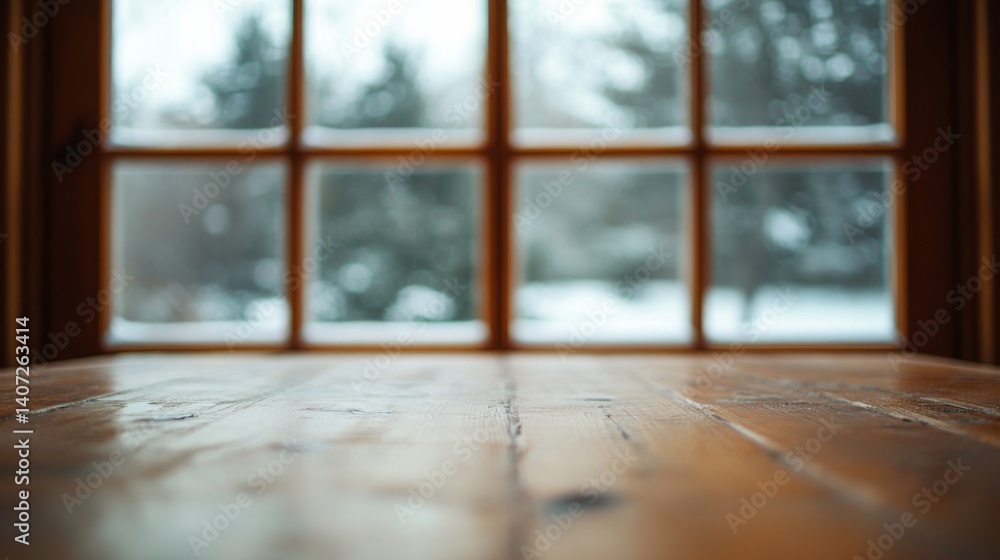 Aufkleber An empty wooden table sits in front of a frosted window while soft light reveals the grain of the wood, creating a tranquil winter atmosphere