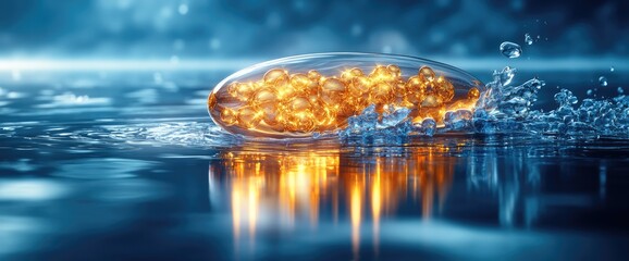 A translucent capsule with golden spheres rests on a reflective blue surface with splashing water