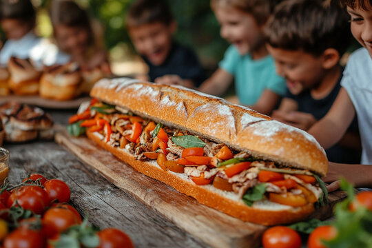 Grupo de peque&radic;&plusmn;os panaderos decorando un gran s&radic;&deg;ndwich durante las vacaciones de verano