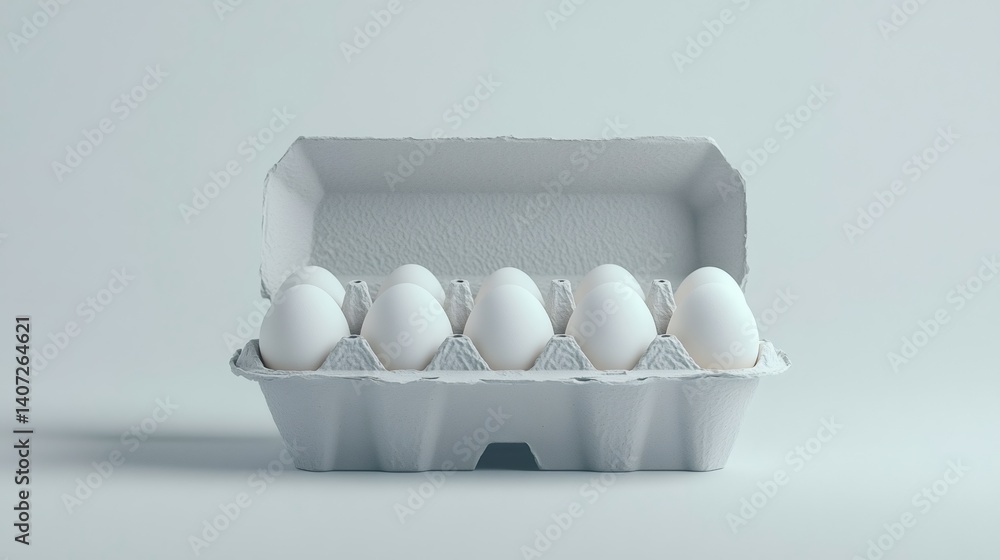 Poster eight pristine white eggs nestle securely in an open recycled cardboard carton, set against a minima