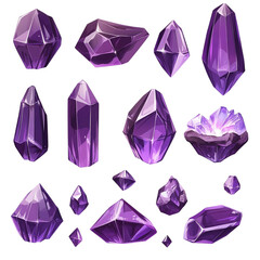 Amethyst crystals gems collection various shapes and sizes purple minerals