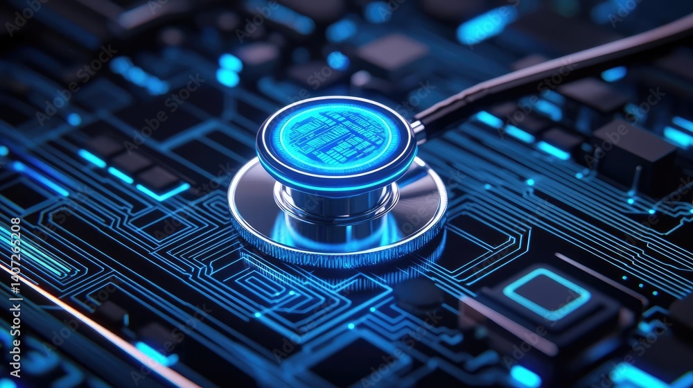 Poster stethoscope on digital circuit board ai healthcare data concept. modern stethoscope on a computer ci