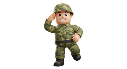 Fototapeta premium Cheerful 3D Cartoon Soldier Saluting Military Army Camo