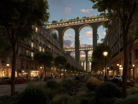 A city where Roman aqueducts support hyperloop tracks