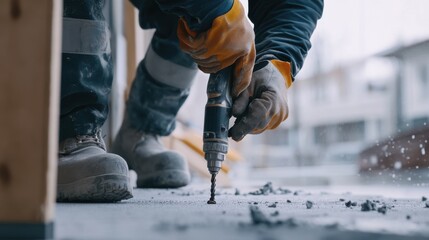 Construction worker operating a power tool at a site. Featuring precision and efficiency