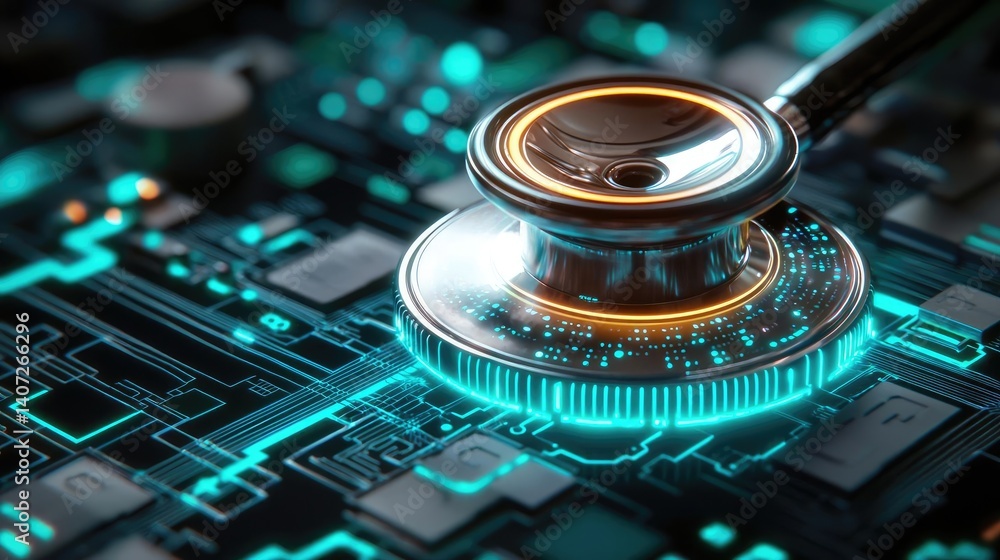 Poster stethoscope on digital circuit board healthcare data ai concept. a stethoscope resting on a futurist