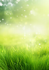 Abstract natural background with lush green young grass under bright sun with beautiful light effects and bokeh.