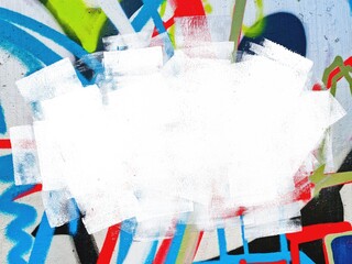 Abstract street art graffiti with bold white painted center. Featuring red, green, blue accents. 90s style, holographic, bold expression. Posters, flyers, digital art, urban designs. © Aleksandra Konoplya