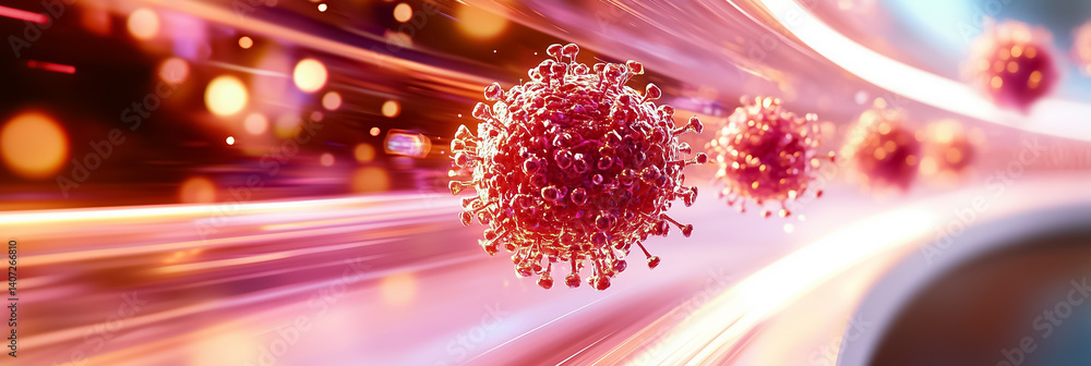 Aufkleber virus cells are shown moving through a colorful abstract background with dynamic light effects