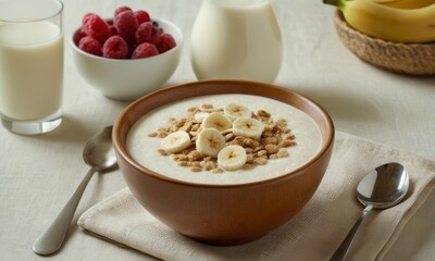 Nutritious breakfast bowl with creamy oatmeal, fruits and cereals for healthy life