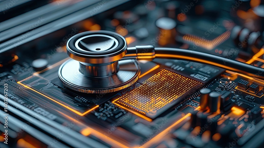 Poster stethoscope on digital circuit board ai healthcare data concept. a stethoscope placed on a circuit b