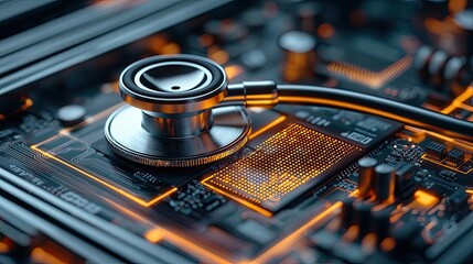Stethoscope on digital circuit board ai healthcare data concept. A stethoscope placed on a circuit board, symbolizing health tech.