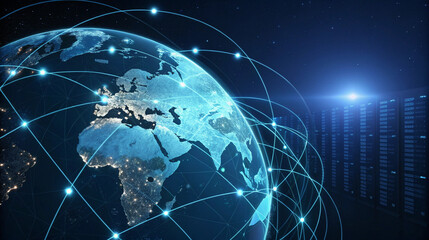 3D holographic globe floating in space, covered in glowing digital nodes and connecting lines, AI