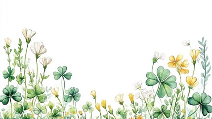 A delicate watercolor illustration of various green clovers and wildflowers, creating a serene and natural border design.