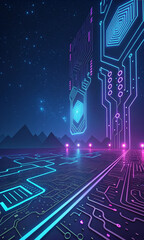 Futuristic digital landscape with glowing neon circuits, dark background, AI