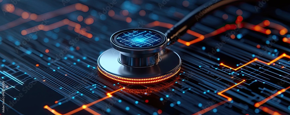 Poster stethoscope on digital circuit board cyber future network concept. stethoscope on a digital circuit 