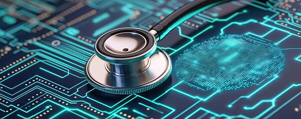 Stethoscope on digital circuit board healthcare data ai concept. Stethoscope on a digital circuit board with fingerprint design.