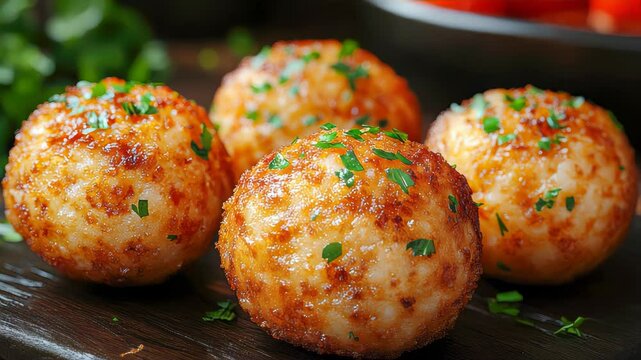 Golden deep-fried sweet potato balls garnished with fresh parsley, a delightful Thai street food specialty, served on a rustic wooden platter