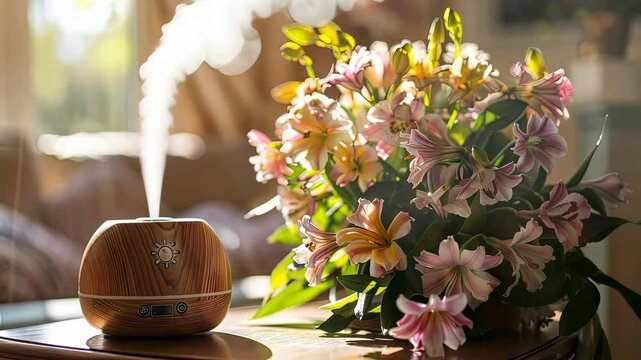 Aromatic diffuser releases soothing mist while colorful flowers brighten the cozy living room filled with natural light