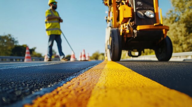Pavement marking specialist painting traffic lines on a highway. Featuring precision and road safety