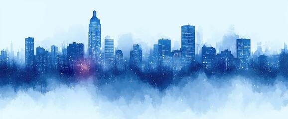 Obraz premium A blue cityscape silhouette with a painted look, under soft sky and hazy foreground