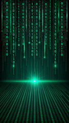Background with cascading binary code and abstract digital elements, matrix-style, AI
