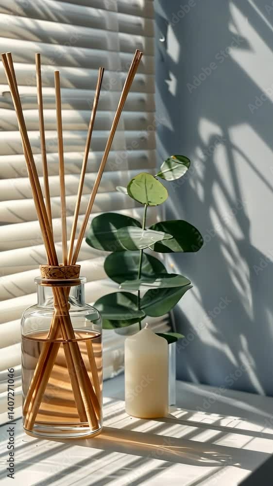 Poster a serene moment captured with a diffuser, plants, and soft light creating a calming atmosphere in a 