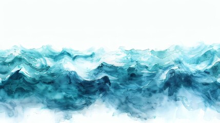 Abstract watercolor ocean waves in deep blues and turquoise wash. Expressive brush strokes create a dynamic seascape evoking depth