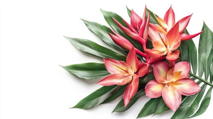 Red Ginger flowers and bird of paradise flowers with tropical leaves in floral arrangement isolated on white background