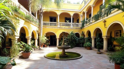 Fototapeta premium Yellow Colonial Courtyard Oasis, Fountain, Plants