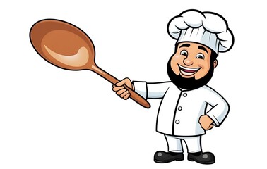  Smiling cartoon chef with a beard, in a white uniform and hat, holding a large wooden spoon, standing confidently on a white background.
