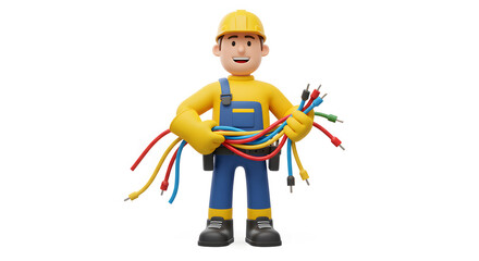 Cheerful Cartoon Electrician Holding Colorful Wires