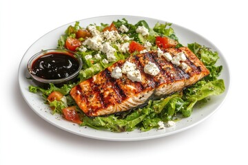 Grilled salmon with salad and small bowl of sauce on white plate.
