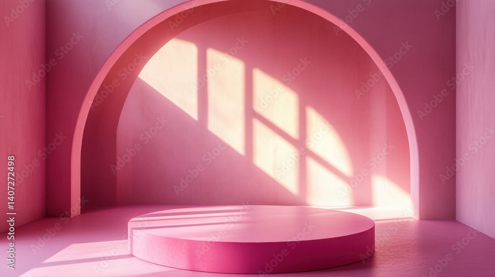 Poster a modern, minimalistic pink room featuring an arch and circular platform, with soft shadows creating