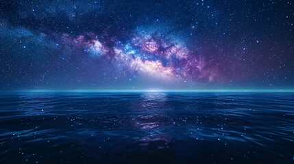 Blue hour night sky scene with the Milky Way over the sea, creating an artistic and calm atmosphere with a focus on cosmic beauty