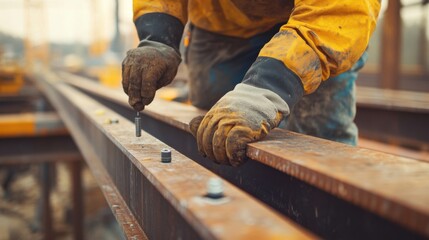 Construction worker securing steel beams with bolts at a building site. Featuring technical expertise and care