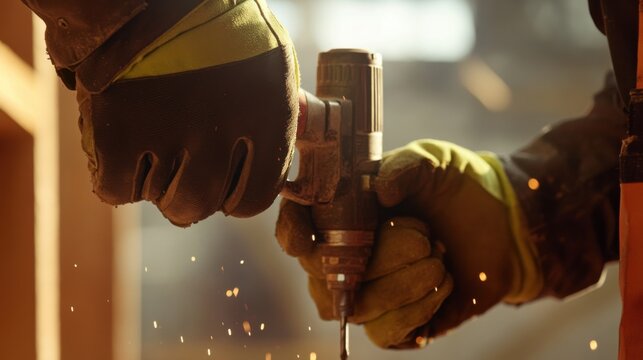 Construction worker using a drill to fix materials. Featuring skill and craftsmanship