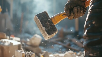 Construction worker using a sledgehammer at a building site. Featuring strength and precision
