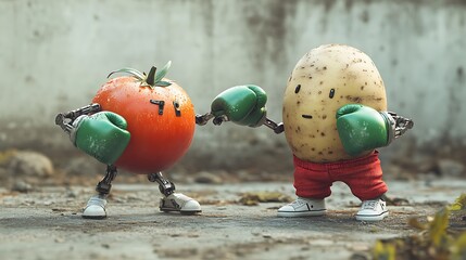 Tomato and Potato Boxing Match, A tomato and a potato with boxing gloves and sneakers face off in a humorous scene