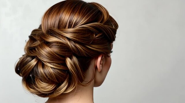 Elegant hairstyle featuring a braided updo on a woman with glossy brown hair against a neutral backdrop