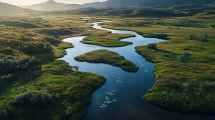 River winding through green valley at sunset