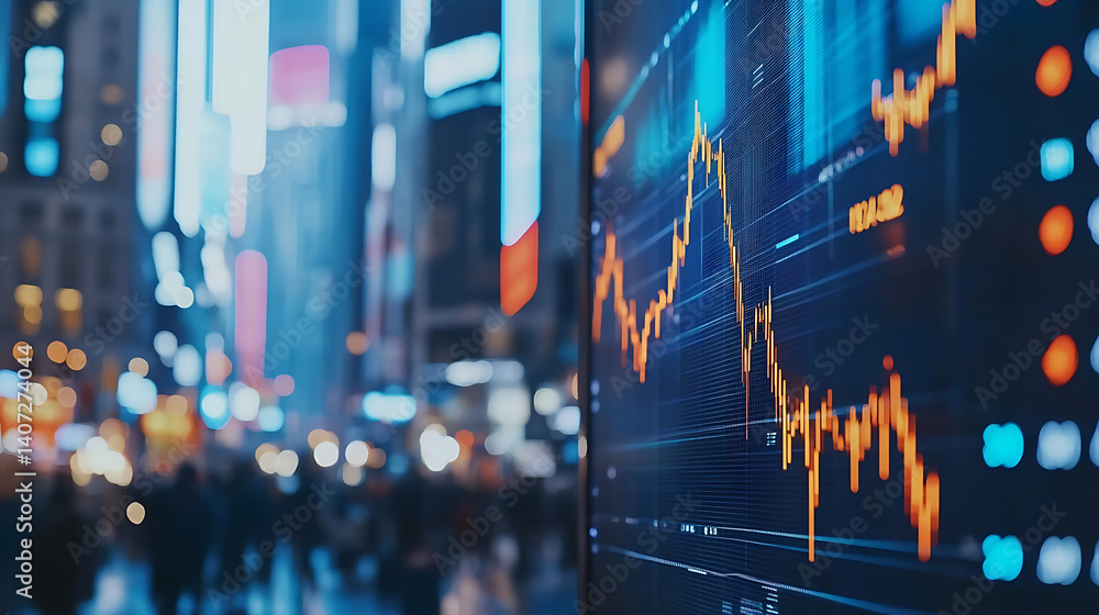 Poster stock market chart in urban setting financial data analysis showing a graph of trading on a screen d