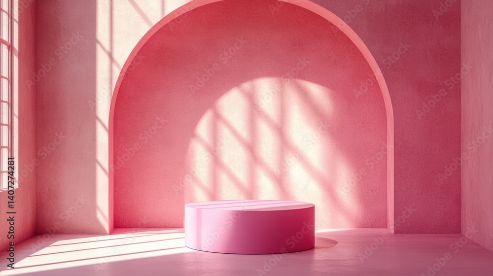 Poster a minimalist pink interior featuring rounded shapes and soft shadows, creating a warm and inviting a