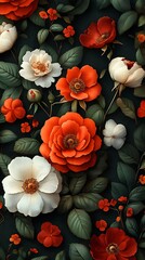 Vibrant Floral Pattern  Deep Red Orange and White Roses with Green Leaves | Dark Background Design

